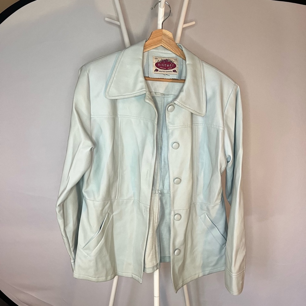 Light blue-green vintage faux leather jacket